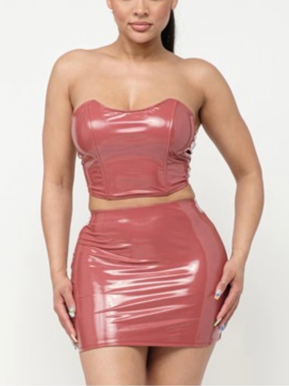 Dusty Rose Vinyl Two-Piece Mini Skirt Set